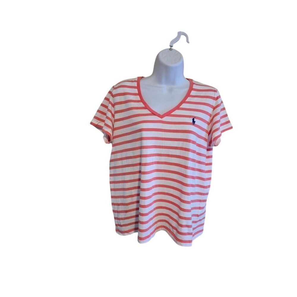 Ralph Lauren Striped V-Neck Tee Pink & White Cotton nautical preppy